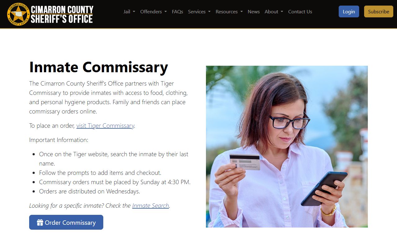 Cimarron County Jail commissary ordering instructions
