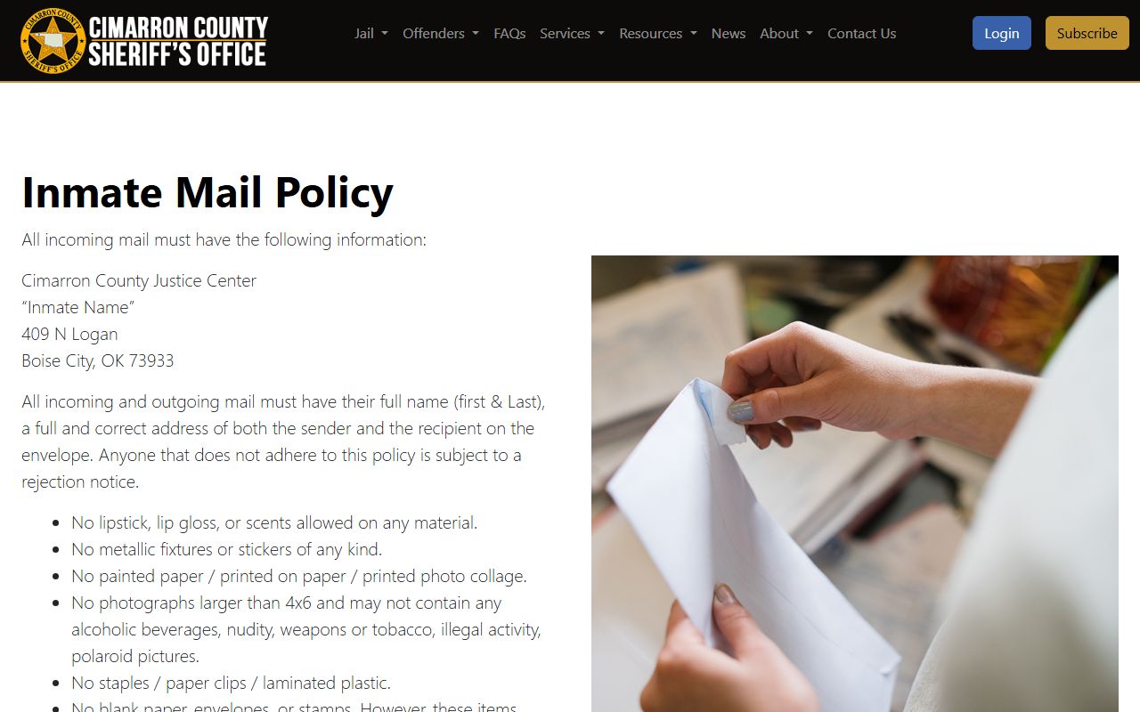 Cimarron County Jail inmate phone and mail rules