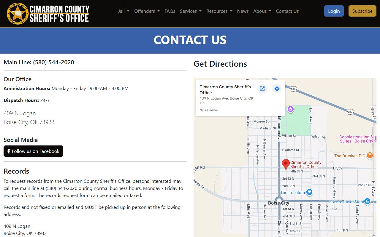Cimarron County Jail sheriff contact and hours page