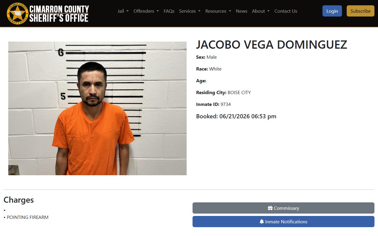 Cimarron County inmate profile sample record