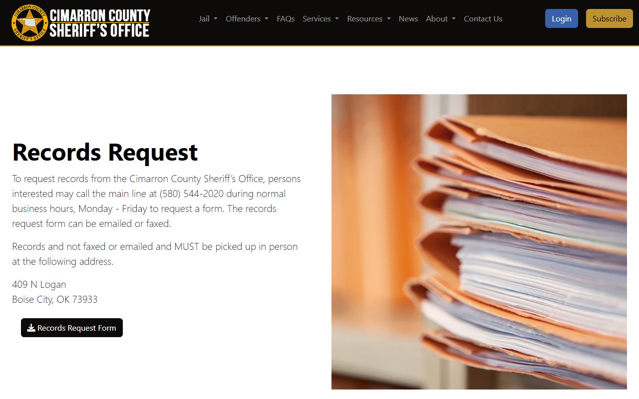 Cimarron County inmate records sheriff records request instructions