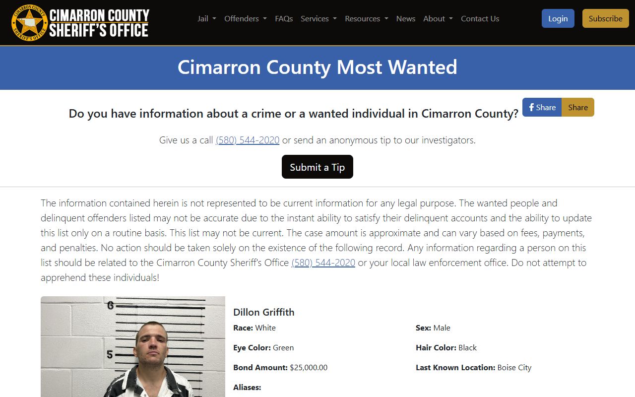 Cimarron County jail mugshots sheriff most wanted page
